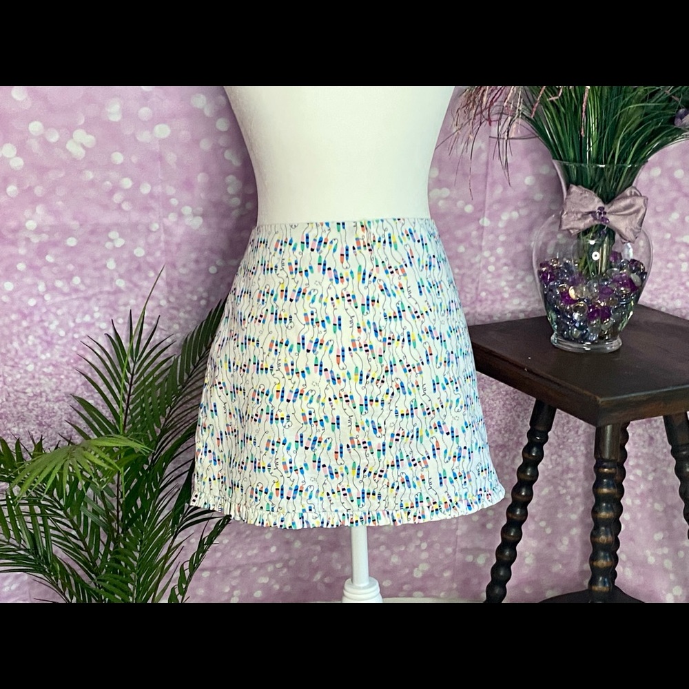 Lily Pulitzer skirt, cute fishing bob print, hem ruffle